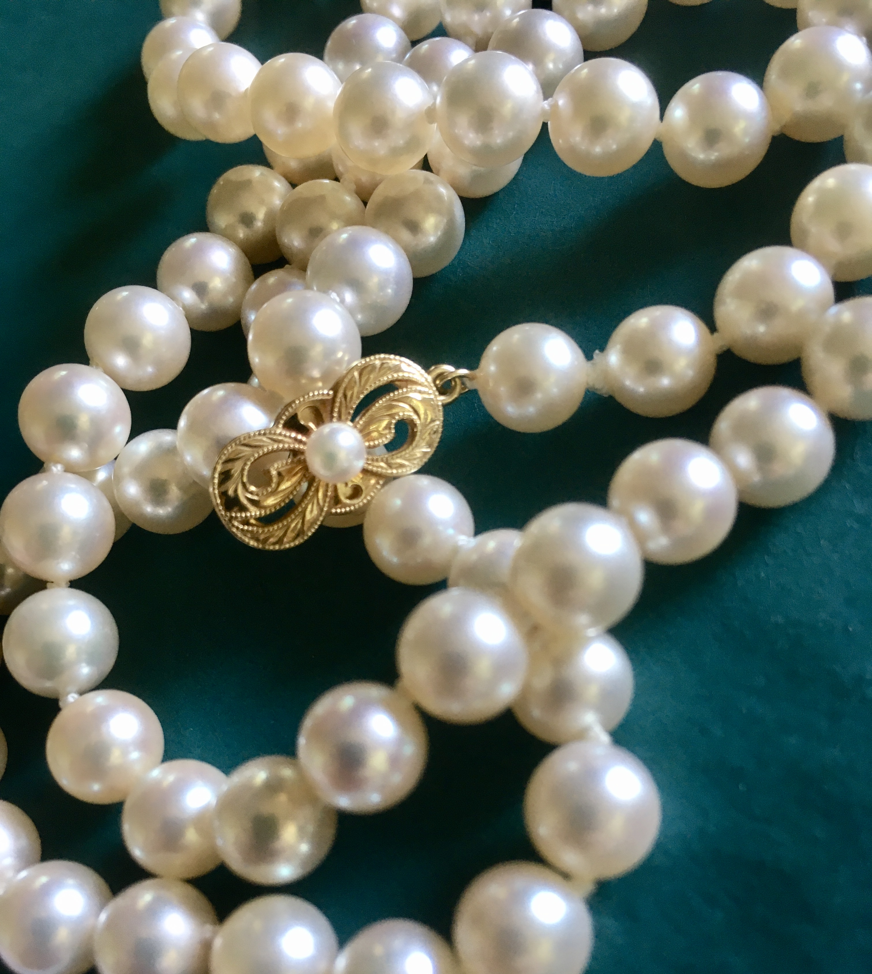 Vintage Opera Length Akoya Pearl Strand With Gold Flower Clasp