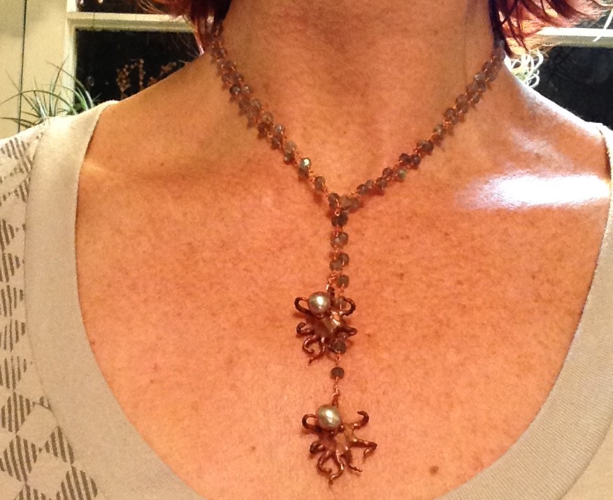 pair of little octo babies on labradorite and coppery chain