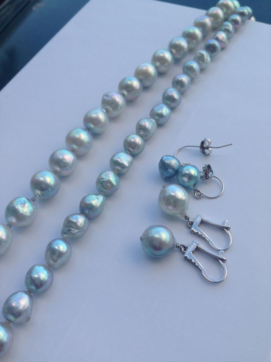 Two baroque akoya strands from Pearl Paradise, one regular Japanese and one Vietnamese. Pearls were pulled out of both to create the earrings.