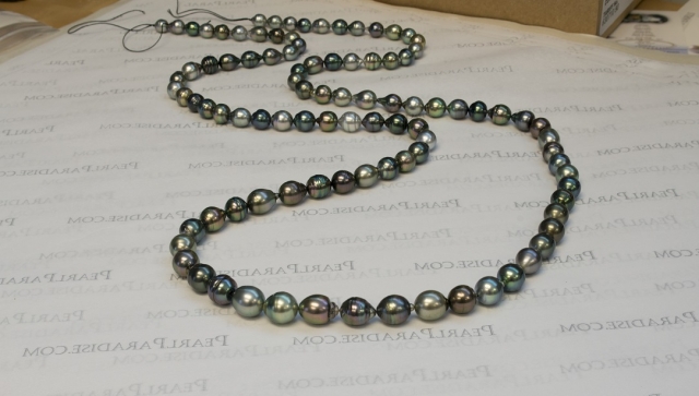 The Tahitian pearl rope before it's knotted and finished