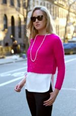 b2 asos fuchsia cropped furry sweater white cream silk split side silk long blouse hanging below.jpg