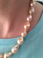 Wearing Golden peach freshwater ripple pearls