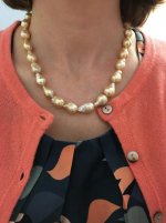 Golden peach freshwater ripple pearls with cardigan