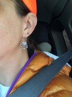 Moonstone and dark gray Freshwater Pearl earrings and blaze orange cap