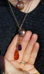 Kasumi pearl pendant from Kojima, a Portuguese cut briolettes in amethyst and citrine cut by Richard Homer and set by T Lee, and a gorgeous Indian moonstone set in gold with three diamonds by Studio Vincent