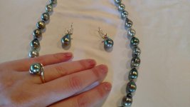 Pistachio Tahitian strand, earrings and ring - all from Pearl Paradise