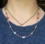 fancy cut amethyst and SoC keshi necklace close up