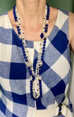 wore the restrung necklace with Mom's Lapis and Rice Krispie necklace