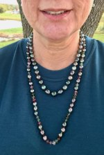 Kamoka Coral Atoll necklace and peacock and lavender mismatched studs, Tahitians and tourmalines necklace Oceans Cove