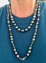 Kamoka Coral Atoll necklace and peacock and lavender mismatched studs, Tahitians and tourmalines necklace Oceans Cove