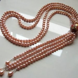 Peach Freshwater Pearls Torsade Necklace With Lampwork Glass Bead