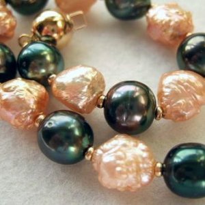 Kamoka Black Tahitians With Rich Apricot Rosebud Freshwater Pearls