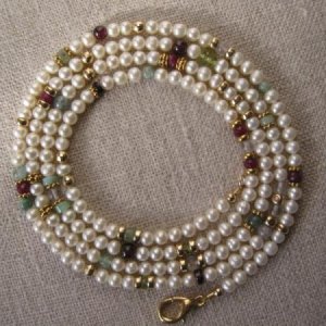 4mm freshwater off-round pearls with amethyst, peridot, gold, garnet, aquamarine, ruby and Peruvian opal