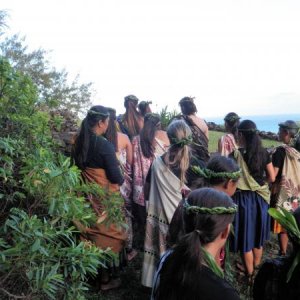 Atop an ancient heiau, as we prepare to dance early in the morning.