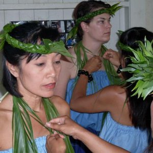 We learn to make all our ti leaf adornments - crowns, leis, event skirts.