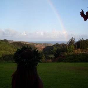 Faint rainbow framing the profile of our halau leader.