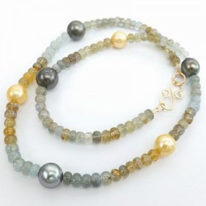 Tahitian pearls, south sea, aquamarine and heliodor rondelles