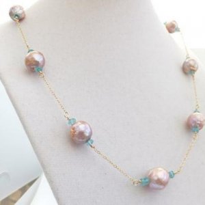 Pink-mauve-lavender kasumi like pearls and apatite gemstone tin cup necklace