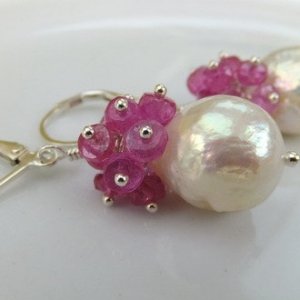 White kasumi like pearl earrings with pink sapphire cluster earrings