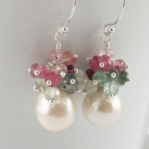 White kasumi like pearls with spring colour tourmaline cluster earrings