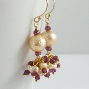 Golden-peach kasumi like pearl earrings with tiny button pearls and garnets