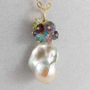 Flameball pearl and gemstone cluster necklace