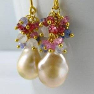 Vanilla creme  flameball pearl and gemstone cluster earrings