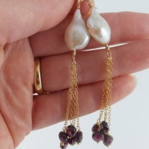 Flameball pearl and garnet tassel earrings