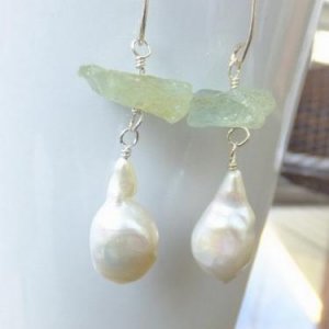 Flameball pearl and raw light green beryl gemstone shard earrings