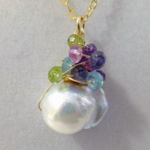 Flameball pearl and  wire wrapped gemstones