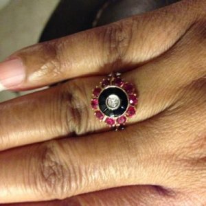 14K OMC Diamond  Onyx and Ruby Ring