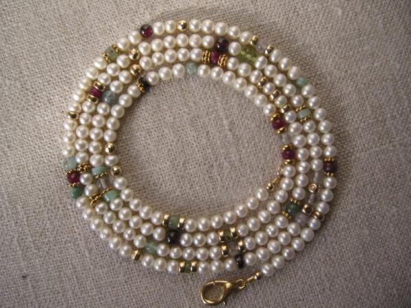 4mm freshwater off-round pearls with amethyst, peridot, gold, garnet, aquamarine, ruby and Peruvian opal