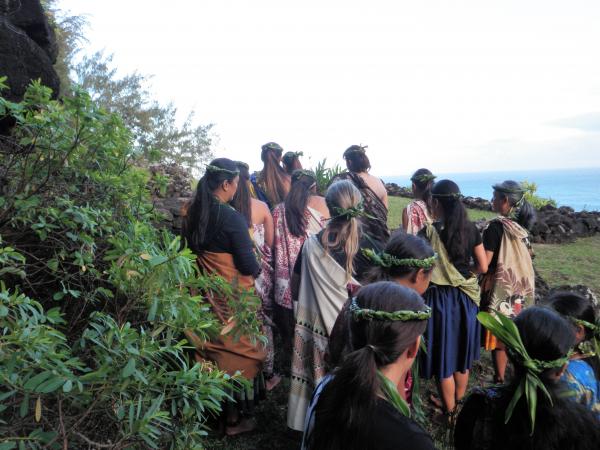 Atop an ancient heiau, as we prepare to dance early in the morning.