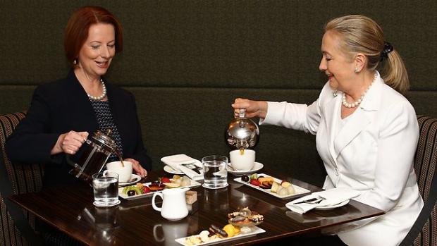 Australian PM and Hillary Clinton sit down to tea in their pearls. Julia has learned since taking office that pearls are a status symbol and a cue that you are "in the club".