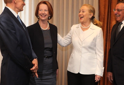 Australian Prime Minister Julia Gillard and Hillary Clinton. Julia seems to wear her larger pearls when she's in the US. Perhaps she feels they are too ostentatious for the Australian public.