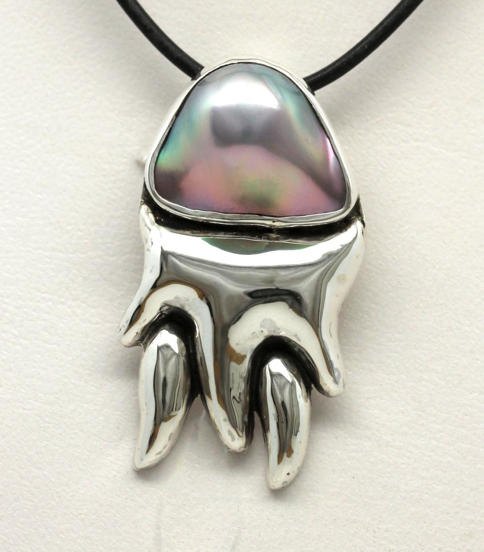 Calamari: Priscila Canales' Hand-Made Design in Pure Silver with Gorgeous Cortez Blister Pearl Pendant-Brooch Combo.