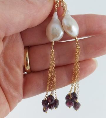 Flameball pearl and garnet tassel earrings