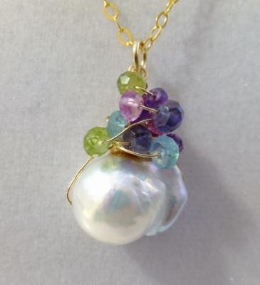 Flameball pearl and  wire wrapped gemstones