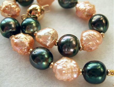 Kamoka Black Tahitians With Rich Apricot Rosebud Freshwater Pearls