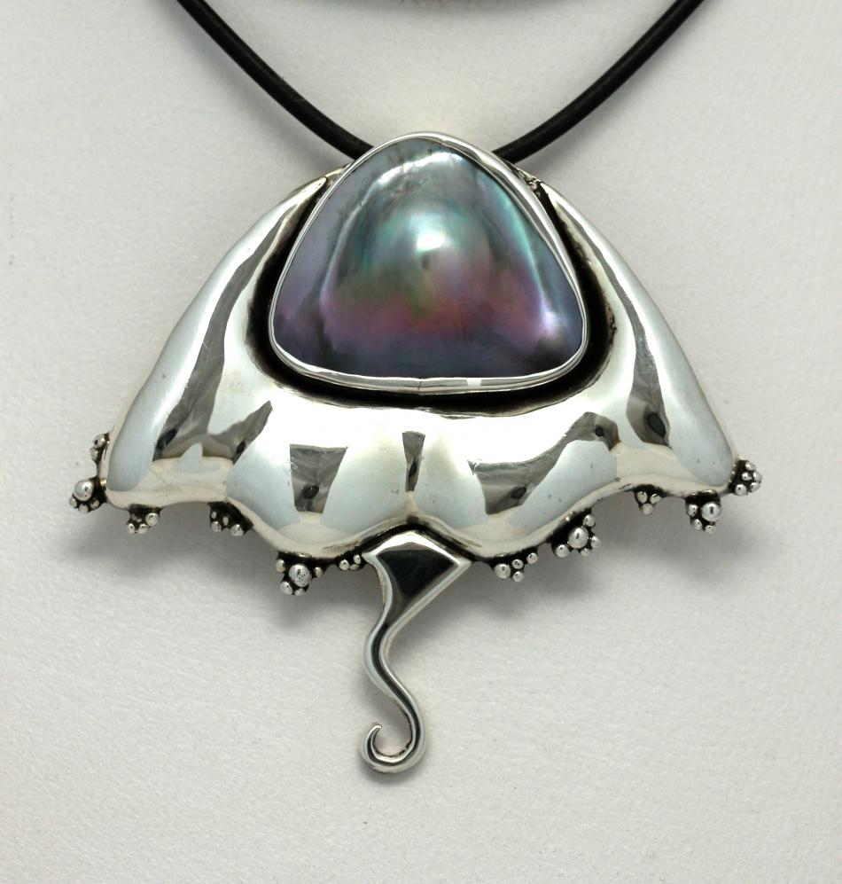 Manta-Ray: Priscila Canales' Hand-Made Design in Pure Silver with Gorgeous Cortez Blister Pearl Pendant-Brooch Combo.