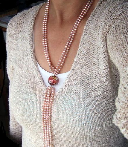 Peach Freshwater Pearls Torsade Necklace With Lampwork Glass Bead