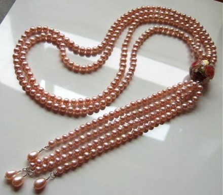 Peach Freshwater Pearls Torsade Necklace With Lampwork Glass Bead