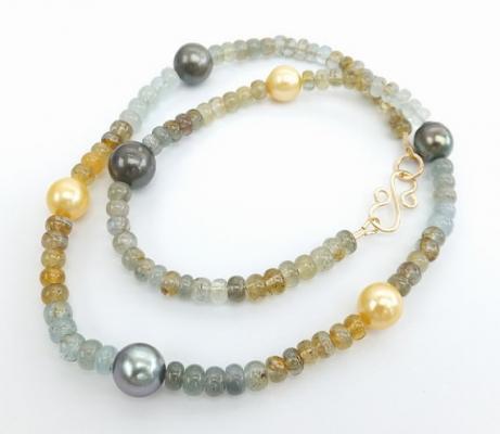 Tahitian pearls, south sea, aquamarine and heliodor rondelles